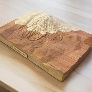 May include: A wooden relief carving of a mountain landscape. The carving is rectangular, with a light-colored mountain peak and a darker, textured base. The text "Stratton, VT" is on a small wooden plaque.