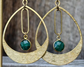 Art Deco Emerald Earrings – Mixed Metal Statement, Lightweight Brass Findings