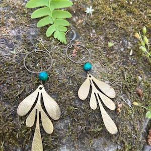 Leaf inspired earrings-  mixed metal long dangle earrings, turquoise beads , earthy, boho chic