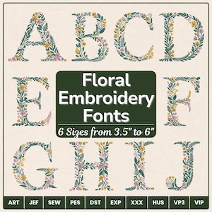 Floral Alphabet Embroidery Font - Flower Letters Botanical Embroidery Design - DST PES VIP VP3 Files - Cottagecore Floral Embroidery Letters