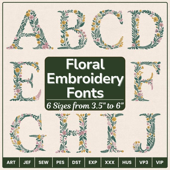 Floral Alphabet Embroidery Font - Flower Letters Botanical Embroidery Design - DST PES VIP VP3 Files - Cottagecore Floral Embroidery Letters