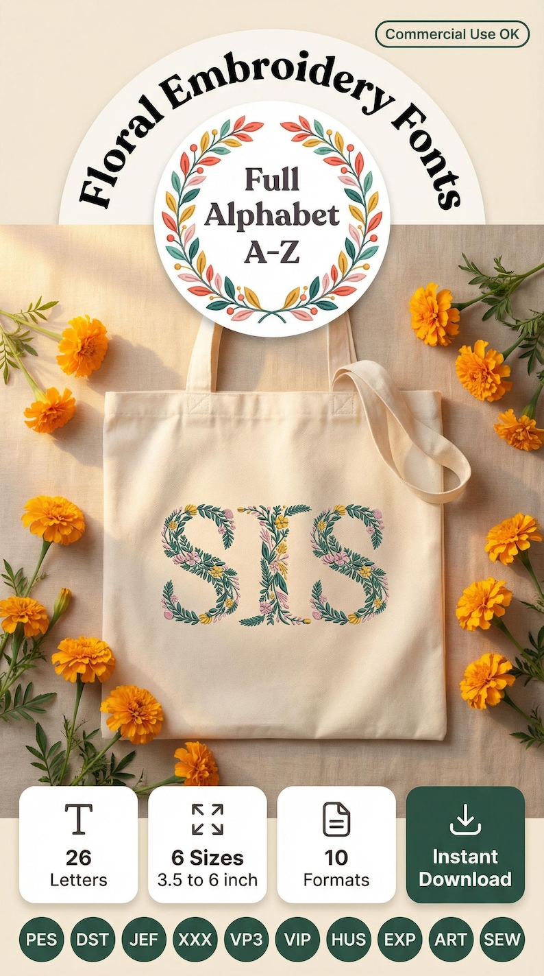 Floral embroidery font mockup on cream canvas tote bag surrounded by golden marigold flowers. Word SIS embroidered in botanical teal green letters with yellow daisies and pink blooms. Curved arch title and colorful Full Alphabet A-Z wreath badge. Commercial use OK. Perfect for personalized sister gift. 26 letters, 6 sizes 3.5 to 6 inch, 10 formats. PES DST JEF XXX VP3 VIP HUS EXP ART SEW.