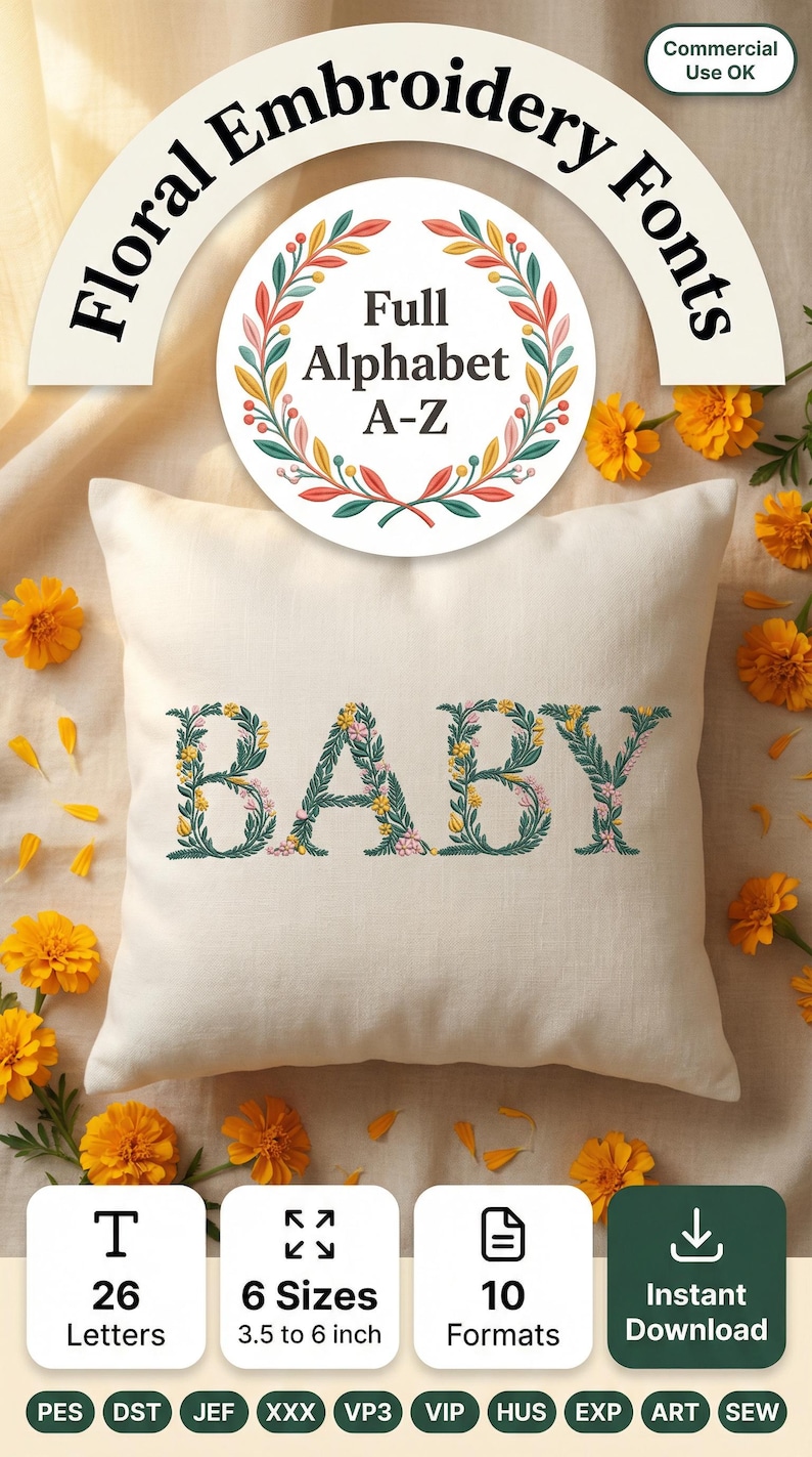 Floral embroidery font mockup on cream linen pillow surrounded by golden marigold flowers. Word BABY embroidered in botanical teal green letters with yellow and pink blooms. Curved arch title and colorful Full Alphabet A-Z wreath badge. Commercial use OK. 26 letters, 6 sizes 3.5 to 6 inch, 10 formats. PES DST JEF XXX VP3 VIP HUS EXP ART SEW.