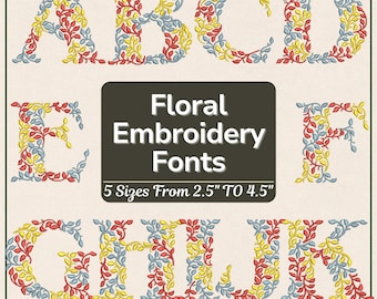 Fuente de bordado floral, diseño de bordado de alfabeto floral, diseño de bordado de letras florales (A-Z, 5 tamaños, 10 formatos, descarga digital)