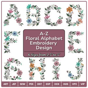 May include: A digital embroidery design featuring the alphabet letters A through J, each adorned with floral arrangements. The design includes the text "A-Z Floral Alphabet Embroidery Design" and offers 6 sizes ranging from 2.5" to 5".