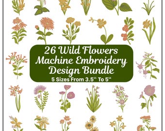 Wild Flowers Embroidery Design Bundle | Wildflower Embroidery Pattern | Machine Embroidery Wildflowers | 26 Floral Designs | PES DST JEF VP3
