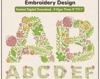 Diseño de bordado del alfabeto floral - Letras florales de la A a la Z - 6 tamaños - 10 formatos - DST, PES, VIP, VP3. Descarga digital instantánea.