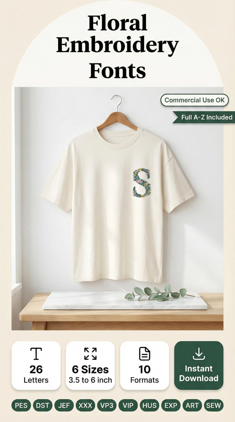 Floral embroidery font mockup on cream t-shirt hanging on wooden hanger against white wall. Botanical letter S on left chest with teal green vines, yellow and pink blooms. Oak table with marble slab and eucalyptus below. Commercial use OK, Full A-Z included. 26 letters, 6 sizes 3.5 to 6 inch, 10 formats. PES DST JEF XXX VP3 VIP HUS EXP ART SEW.