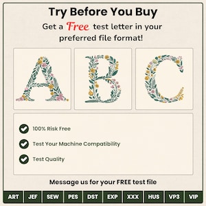 Try before you buy - get a free test letter in your preferred file format. Shows floral embroidery font letters A, B, C with botanical teal green vines, golden yellow and pink blooms on cream background. 100% risk free, test machine compatibility and quality. Message us for free test file. Formats: ART JEF SEW PES DST EXP XXX HUS VP3 VIP.