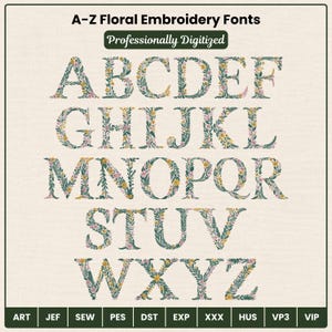 A-Z floral embroidery fonts professionally digitized. Complete alphabet showcase A through Z displayed in 5 rows on cream linen background. Each botanical letter features teal green vines, golden yellow daisies and soft pink blooms. Full bundle instant download. Formats: ART JEF SEW PES DST EXP XXX HUS VP3 VIP. Perfect for cottagecore monogram and floral letter embroidery projects.