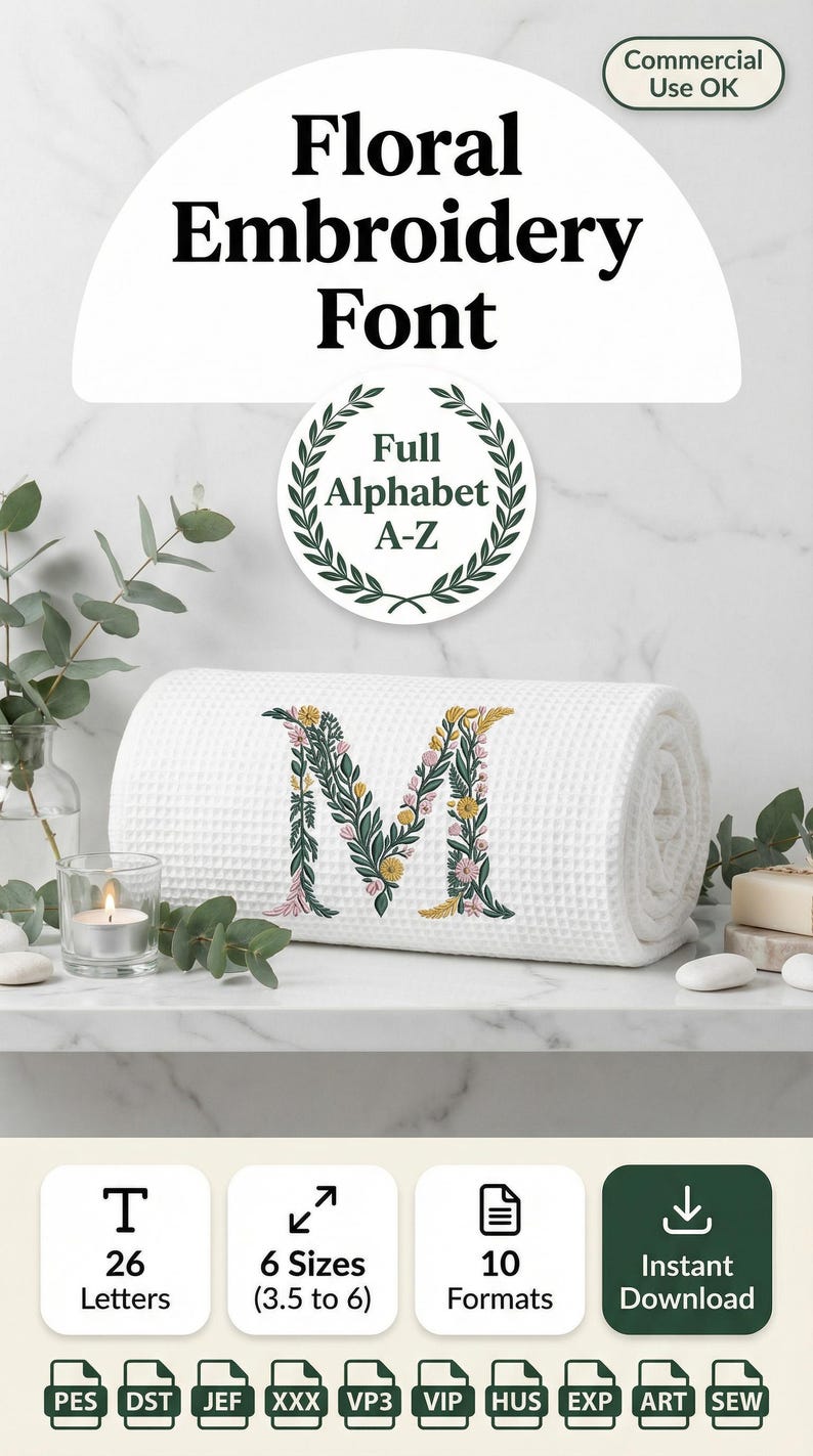 Floral Alphabet Embroidery Font - Flower Letters Botanical Embroidery Design - DST PES VIP VP3 Files - Cottagecore Floral Embroidery Letters image 16
