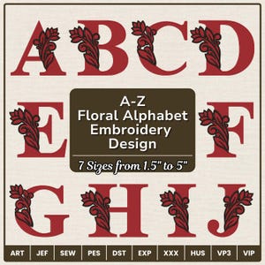 Könnte beinhalten: Rotes Blumen-Alphabet-Stickdesign mit den Buchstaben A bis J. Jeder Buchstabe ist mit einer floralen Verzierung versehen. Das Design umfasst 7 Größen von 3,8 cm bis 12,7 cm.