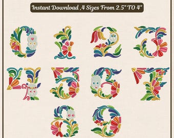 Diseño de bordado de números florales mexicanos del 0 al 9 / Números de cumpleaños con calaveras de azúcar / Archivos de bordado a máquina PES DST / 4 tamaños Descarga instantánea