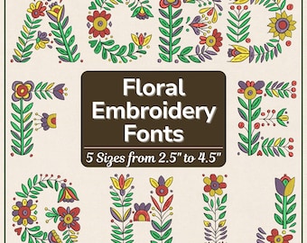 Fuente de bordado floral, diseño de bordado de alfabeto floral, diseño de bordado de letras florales (A-Z, 5 tamaños, 10 formatos, descarga digital)