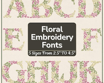 Fuente de bordado floral, diseño de bordado de alfabeto floral, diseño de bordado de letras florales (A-Z, 5 tamaños, 10 formatos, descarga digital)