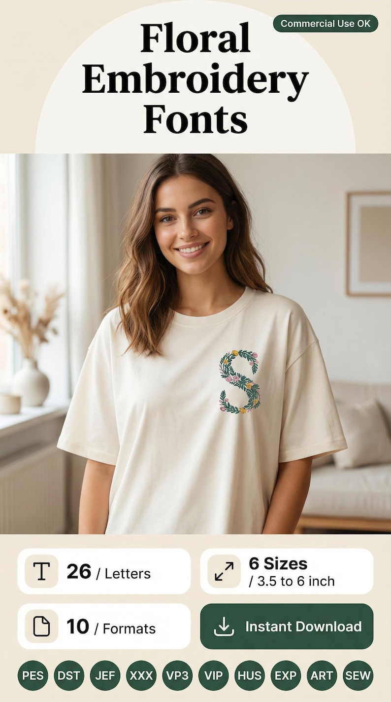Floral embroidery font lifestyle mockup. Smiling young woman wearing cream oversized t-shirt with botanical letter S on left chest — teal green vines, yellow and pink blooms. Bright airy home interior background. Commercial use OK. 26 letters, 6 sizes 3.5 to 6 inch, 10 formats. PES DST JEF XXX VP3 VIP HUS EXP ART SEW.