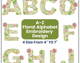 Fuente de bordado con letras de flores - Diseño de bordado con fuente floral - Bordado botánico DST PES VIP VP3 - Alfabeto floral Cottagecore