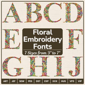 Floral Letters Embroidery Design, Floral Alphabet Embroidery Design, Alphabet Flower Letters, Machine Embroidery Fonts, DST PES VIP VP3 File