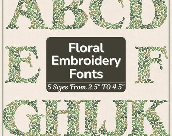 Fuente de bordado floral, diseño de bordado de alfabeto floral, diseño de bordado de letras florales (A-Z, 5 tamaños, 10 formatos, descarga digital)