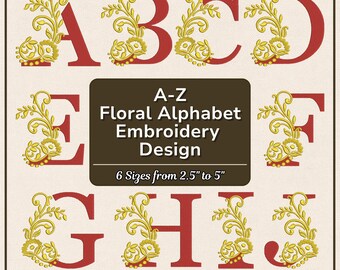 Floral Alphabet Embroidery Design A-Z - Elegant Red & Gold Flower Letters - 6 Sizes - 10 Formats - DST PES VIP VP3 Instant Digital Download