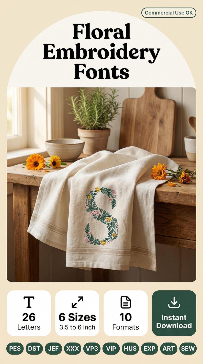 Floral embroidery font mockup on cream linen kitchen towel draped over rustic wooden table. Botanical letter S with teal green vines, yellow and pink blooms. Warm farmhouse kitchen scene with potted rosemary, wooden cutting board and marigold flowers. Commercial use OK. 26 letters, 6 sizes 3.5 to 6 inch, 10 formats. PES DST JEF XXX VP3 VIP HUS EXP ART SEW.