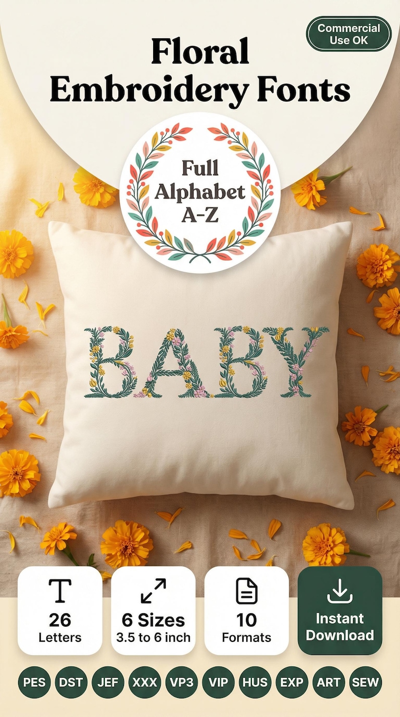 Floral embroidery font mockup on cream throw pillow surrounded by golden marigold flowers on linen surface. Word BABY embroidered in botanical teal green letters with yellow and pink blooms. Colorful Full Alphabet A-Z wreath badge overlay. Commercial use OK. 26 letters, 6 sizes 3.5 to 6 inch, 10 formats. PES DST JEF XXX VP3 VIP HUS EXP ART SEW.