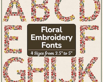 Alfabeto floral de arte popular / Fuente de bordado de flores silvestres A-Z / Monograma de primavera y otoño de 3 colores / Letras bordadas a máquina