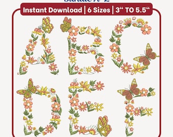 Paquete de fuentes para bordado floral (A-Z) / 6 tamaños / 10 formatos DST PES JEF / Diseños de bordado a máquina / Descarga digital
