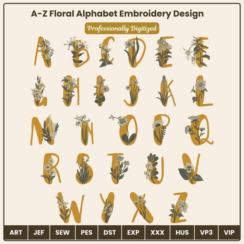 Floral Alphabet Embroidery Font - Flower Letters Botanical Embroidery ...