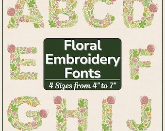 Fuente de bordado floral, diseño de bordado de alfabeto floral, diseño de bordado de letras florales (A-Z, 4 tamaños, 10 formatos, descarga digital)