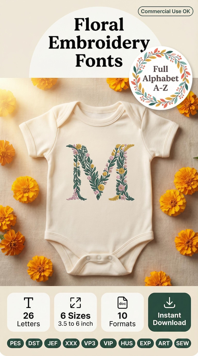 Floral embroidery font mockup on cream baby onesie flat lay surrounded by golden marigold flowers. Large botanical letter M on chest with teal green vines, yellow daisies and pink blooms. Colorful Full Alphabet A-Z wreath badge. Commercial use OK. Perfect for baby nursery gifts. 26 letters, 6 sizes 3.5 to 6 inch, 10 formats. PES DST JEF XXX VP3 VIP HUS EXP ART SEW.