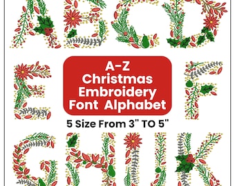 Christmas Embroidery Font A-Z Alphabet, Floral Alphabet Embroidery Font, Xmas Designs Letters, Christmas Machine Embroidery Files PES DST