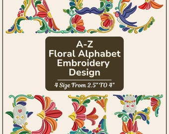 Mexican Floral Alphabet Embroidery Font - Colorful Flower Letters Folk Art Design - DST PES VIP VP3 - Boho Ethnic Embroidery Alphabet