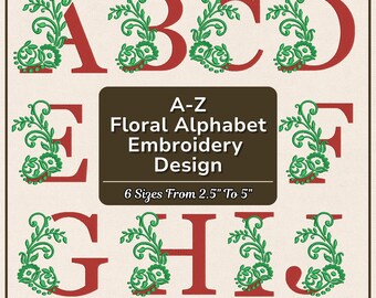 Floral Alphabet Embroidery Font - A-Z Botanical Vine Monogram - Christmas Red Green Letters - PES DST JEF VP3 - Instant Digital Download