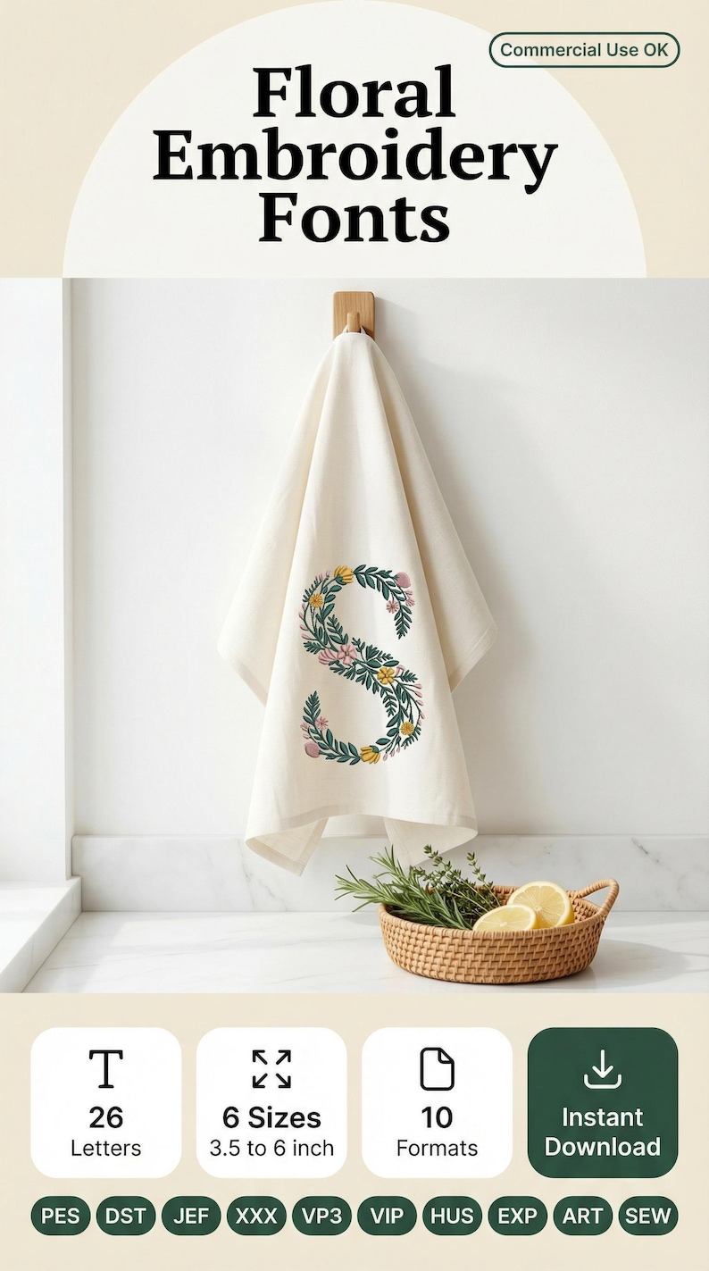 Floral embroidery font mockup on cream kitchen towel hanging on wooden wall hook against white wall. Botanical letter S with teal green vines, yellow and pink blooms. Wicker basket with fresh lemons and herbs on marble surface below. Commercial use OK. 26 letters, 6 sizes 3.5 to 6 inch, 10 formats. PES DST JEF XXX VP3 VIP HUS EXP ART SEW.