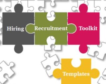 May include: A graphic with puzzle pieces showing the different stages of the hiring process: Hiring, Recruitment, Toolkit, and Templates. The graphic is on a white background with a gray, white, green, red, and yellow color scheme.
