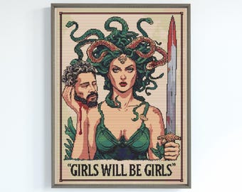 Girls Will Be Girls Cross Stitch Pattern PDF – Instant Download – Feminist Medusa Counted Modern Cross Stitch