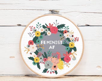 Feminist Flower Wreath Cross Stitch Pattern: Sassy Modern Design (PDF Downloadable Pattern Included