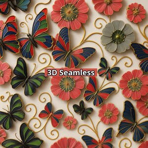 3D naadloos patroon met veelkleurige vlinders en bloemen – Hoge resolutie sublimatie- en afdrukbestand – Digitale download PNG JPG