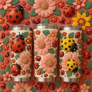 Coccinelle, fiori e farfalle, copri bicchiere senza cuciture – Romantico, sottile, da 20 once, download istantaneo di PNG con stampa a sublimazione, design 3D