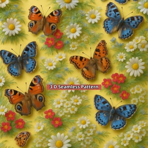 3D naadloos patroon met veelkleurige vlinders, zomerbloemenbladeren op gele achtergrond Sublimatie-afdrukbestand Digitale download PNG JPG