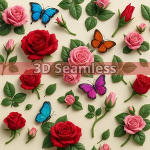 3D naadloos patroon met vlinders en rozen – Hoge resolutie sublimatie- en afdrukbestand – Digitale download PNG JPG