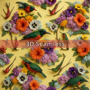 3D naadloos patroon met veelkleurige bloemen en vogels – Hoge resolutie sublimatie- en afdrukbestand – Digitale download PNG JPG
