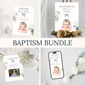 Könnte beinhalten: Ein Taufpaket mit Einladungen, einem Willkommensschild und Dankeskarten. Die Designs umfassen florale Akzente, ein Babyfoto und den Text "Taufe" und "Olivia Wilson". Ebenfalls enthalten ist ein Handy-Mockup.