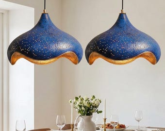 Set of 2 Handmade Blue Copper Pendant Light: Hammered Moroccan Ceiling Fixture