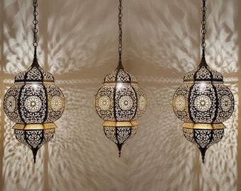 Juego de 3 lámparas colgantes de latón, diseño marroquí hecho a mano, lámparas colgantes