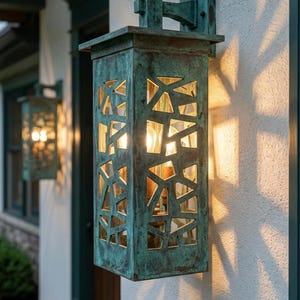 May include: A weathered copper outdoor wall lantern with geometric cutouts, casting patterned shadows on the wall. The rectangular lantern features a warm, inviting glow from the light bulbs inside. A second lantern is visible in the background.