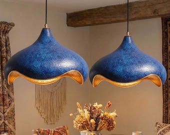 Set of 2 Handmade Blue Copper Pendant Light: Hammered Moroccan Ceiling Fixture