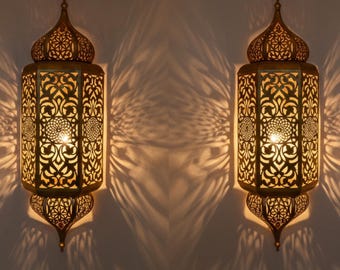 Handmade Moroccan Brass Wall Sconce: Copper Ambient Light (Set of 2)