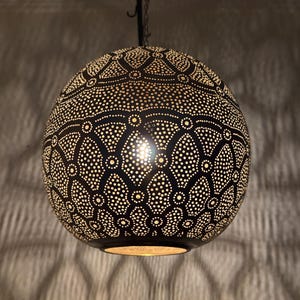 Moroccan Sphere Pendant Light, Hand-Punched Brass Globe Lamp, Mandala Shadow Chandelier, Marrakech Artisan Craft